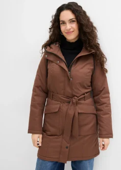 Abrigo corto para exteriores con cinturón, material impermeable y forro de leopardo