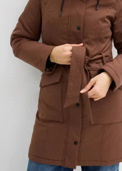 Abrigo corto para exteriores con cinturón, material impermeable y forro de leopardo