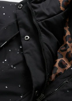 Abrigo corto para exteriores con cinturón, material impermeable y forro de leopardo