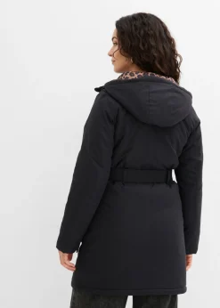 Abrigo corto para exteriores con cinturón, material impermeable y forro de leopardo