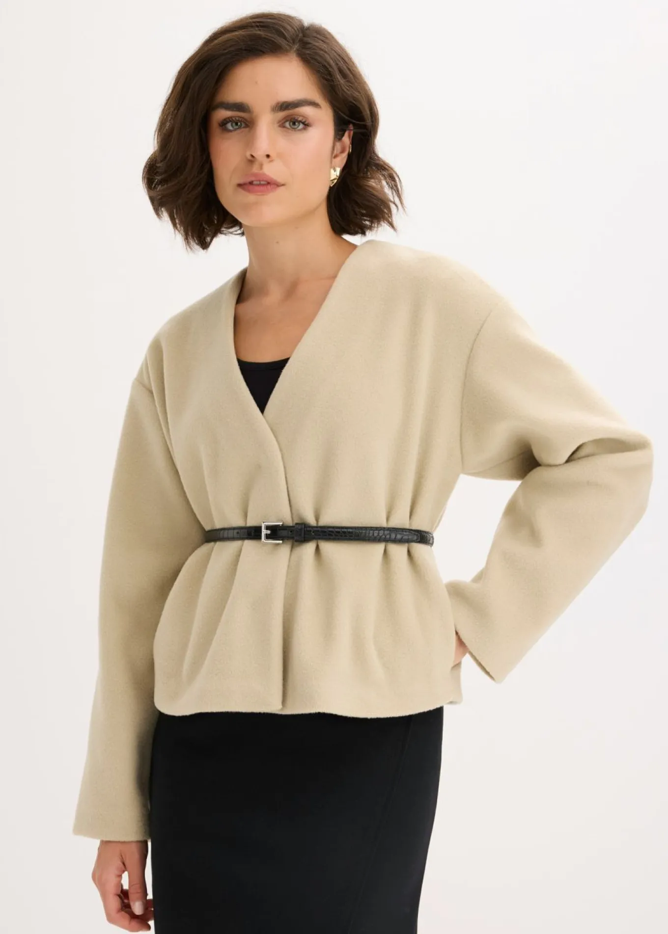 Americana oversized con cinturón en efecto lana, sin forro