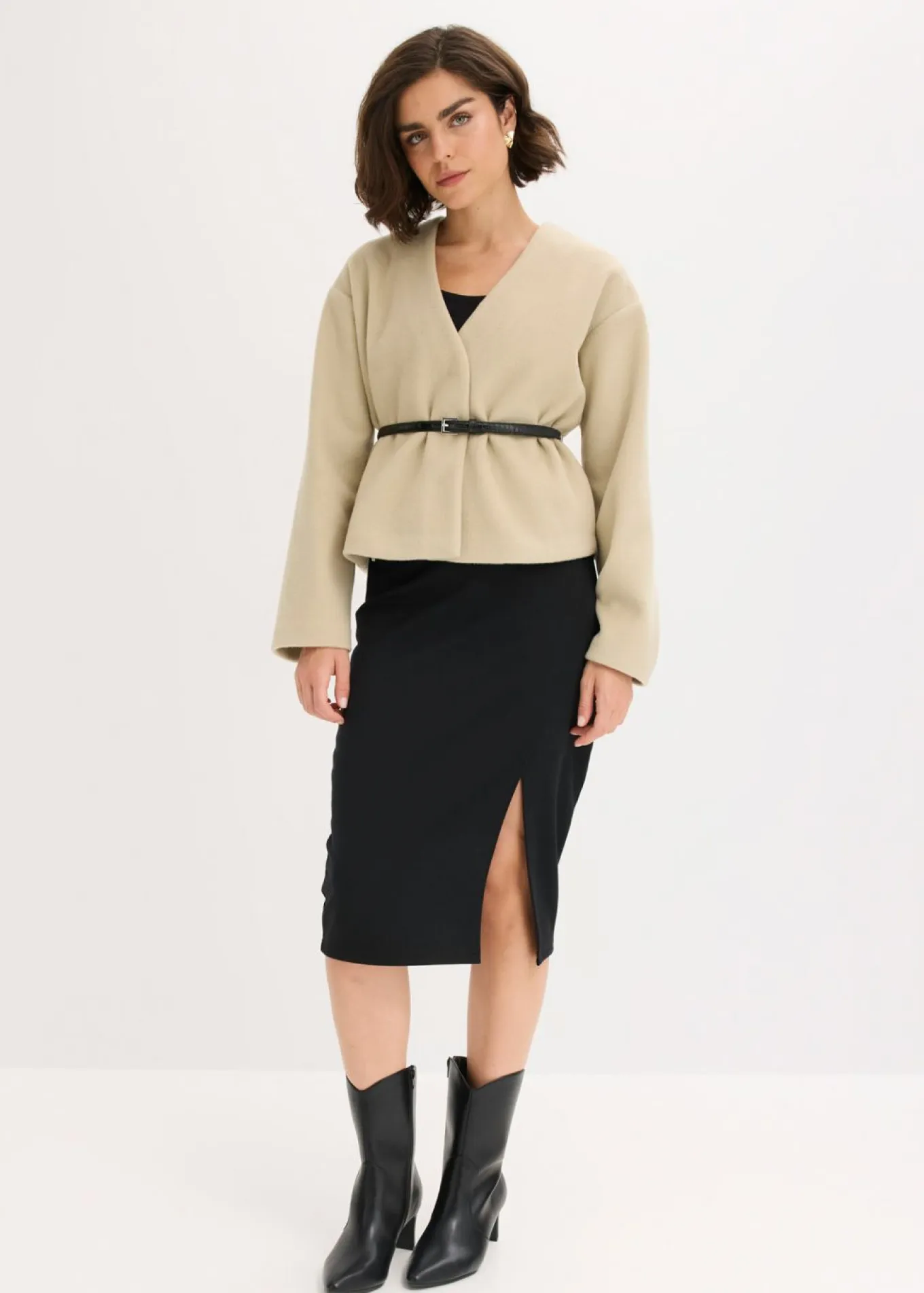 Americana oversized con cinturón en efecto lana, sin forro