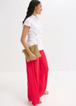Blusa de manga corta de mezcla de lino vaporoso