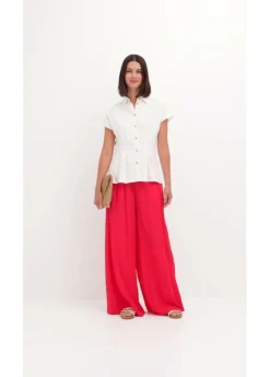 Blusa de manga corta de mezcla de lino vaporoso