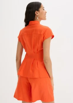 Blusa de manga corta de mezcla de lino vaporoso