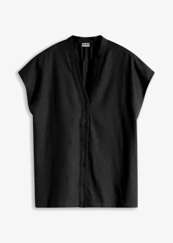 Blusa de manga corta de mezcla de lino vaporoso