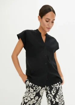 Blusa de manga corta de mezcla de lino vaporoso