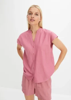 Blusa de manga corta de mezcla de lino vaporoso