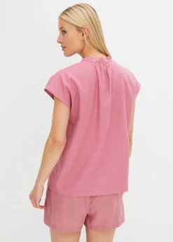 Blusa de manga corta de mezcla de lino vaporoso