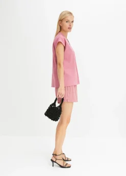 Blusa de manga corta de mezcla de lino vaporoso