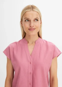 Blusa de manga corta de mezcla de lino vaporoso
