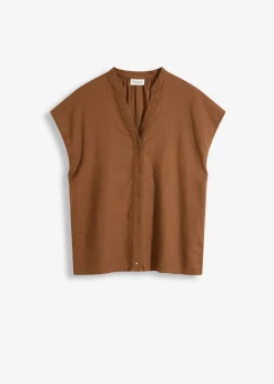 Blusa de manga corta de mezcla de lino vaporoso