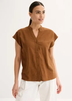 Blusa de manga corta de mezcla de lino vaporoso