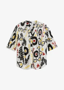 Blusa de manga corta de viscosa fluida con detalle de nido de abeja