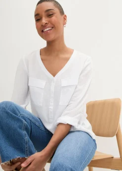 Blusa de manga larga con escote en V de viscosa fluida