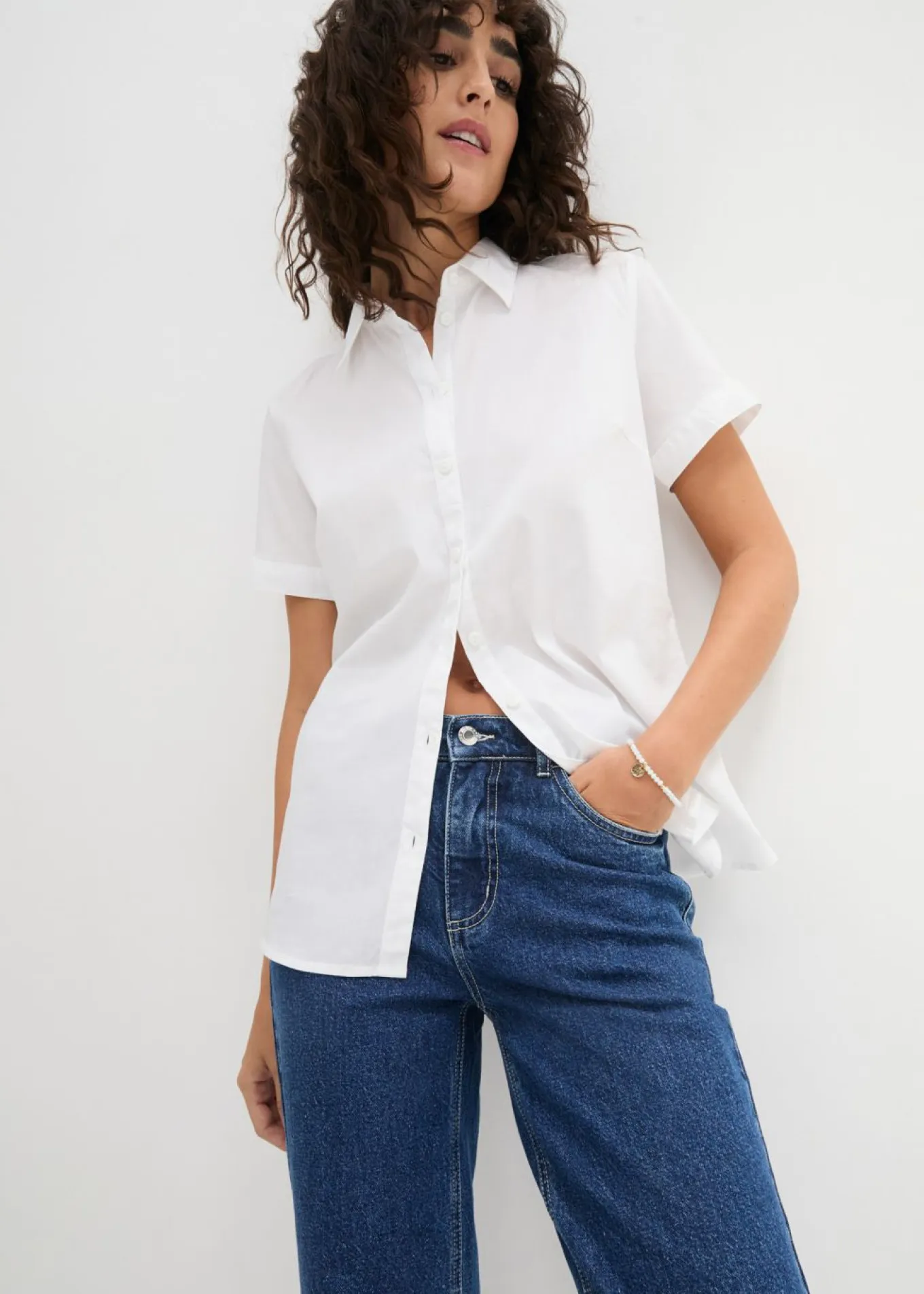 Blusa elástica de manga corta de mezcla de algodón