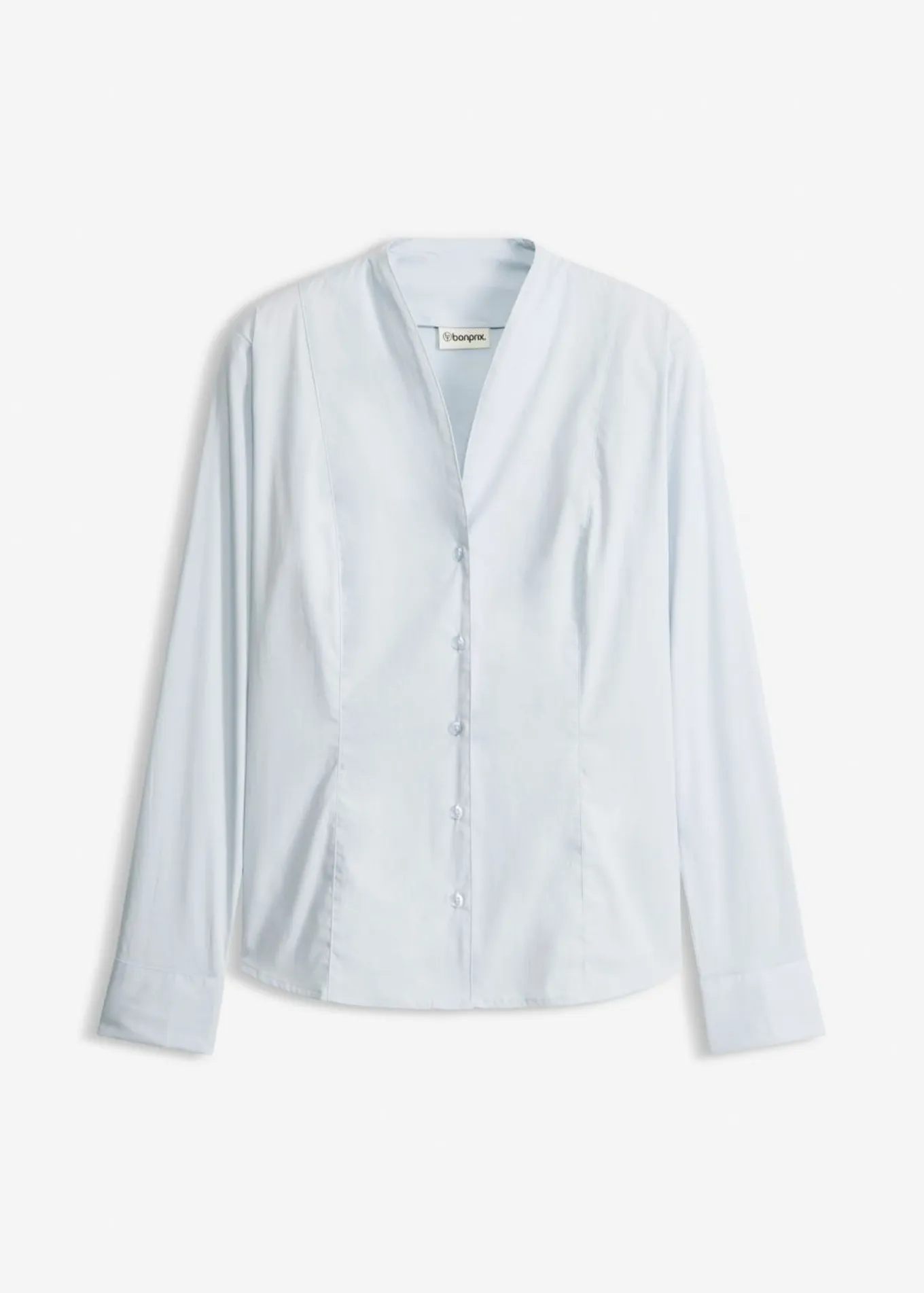 Blusa elástica de popelín con cuello chimenea y ligera transparencia