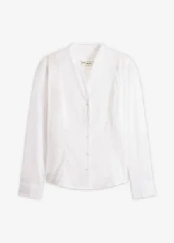 Blusa elástica de popelín con cuello chimenea y ligera transparencia
