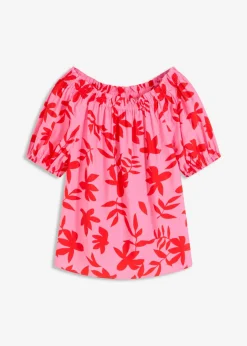 Blusa estampada de mezcla de viscosa fina con escote bañera