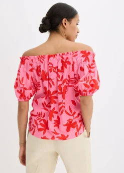 Blusa estampada de mezcla de viscosa fina con escote bañera