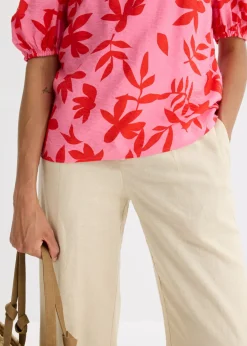 Blusa estampada de mezcla de viscosa fina con escote bañera