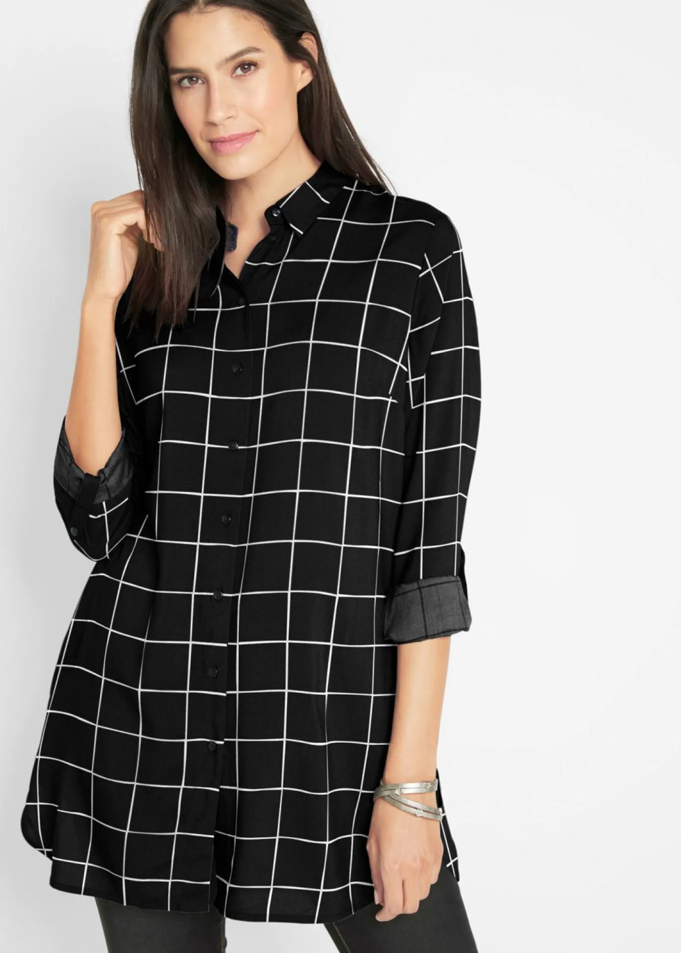 Blusa larga de cuadros con bolsillos