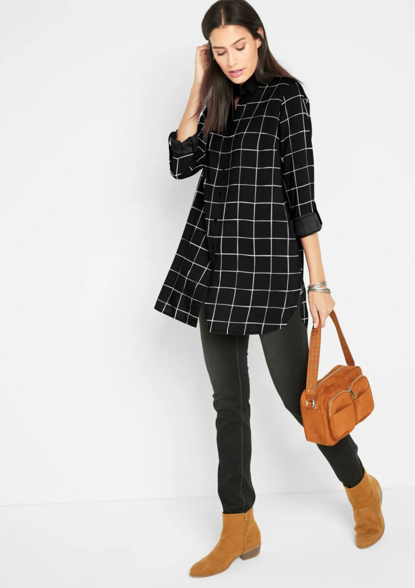 Blusa larga de cuadros con bolsillos