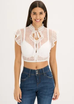 Blusa tirolesa de tul delicado con estampado de lunares