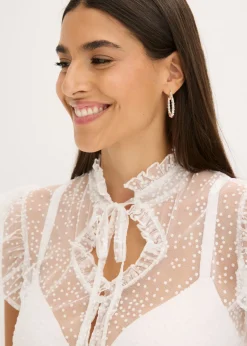 Blusa tirolesa de tul delicado con estampado de lunares