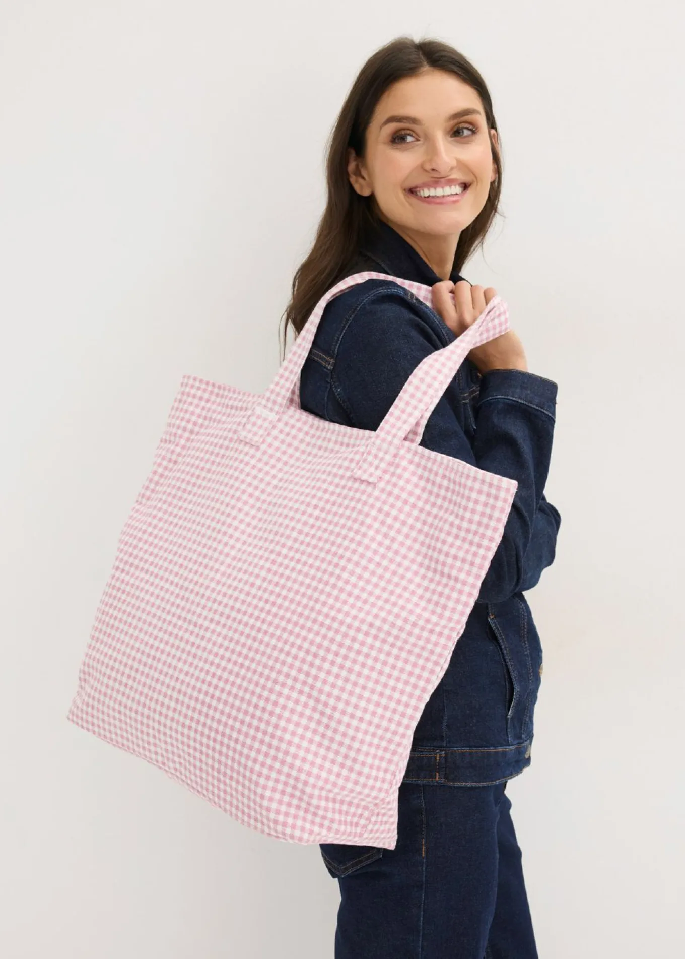 Bolso tipo shopper de lona con estampado de cuadros vichy