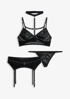 Bralette + tanga + sujetador con tirantes con efecto mojado (3 piezas)