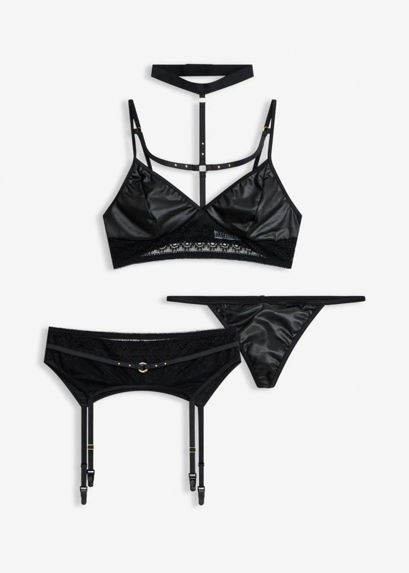 Bralette + tanga + sujetador con tirantes con efecto mojado (3 piezas)