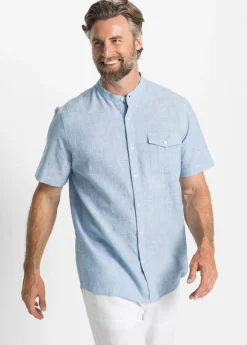 Camisa de lino de manga corta con cuello alto