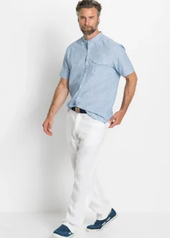 Camisa de lino de manga corta con cuello alto