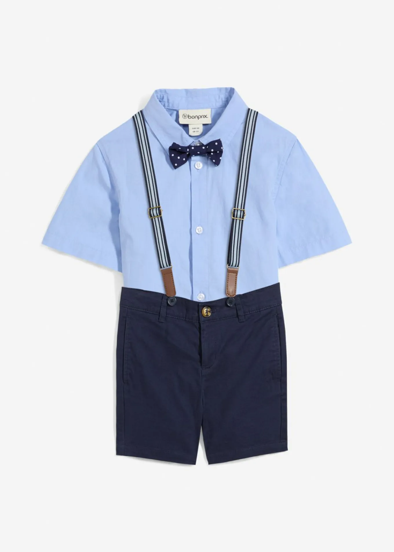 Camisa de manga corta, bermudas tipo chino, tirantes y pajarita (conjunto de 4 piezas)