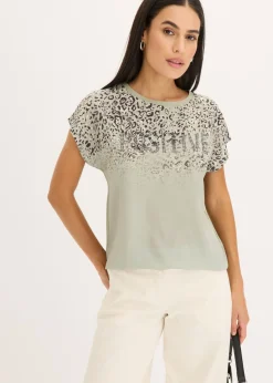 Camiseta con inserto de malla y piedras brillantes