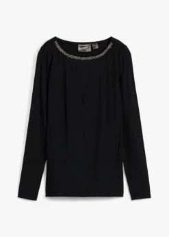 Camiseta con inserto de malla y piedras brillantes