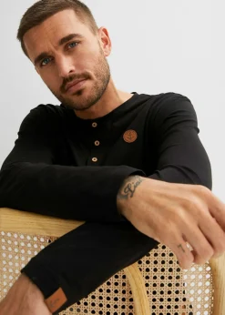 Camiseta de algodón orgánico puro con manga larga y cuello henley (2 unidades)