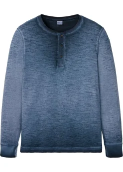 Camiseta de algodón orgánico con manga larga, cuello henley y aspecto desgastado
