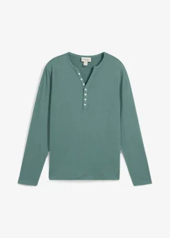 Camiseta de algodón orgánico puro con cuello henley, manga larga y corte entallado