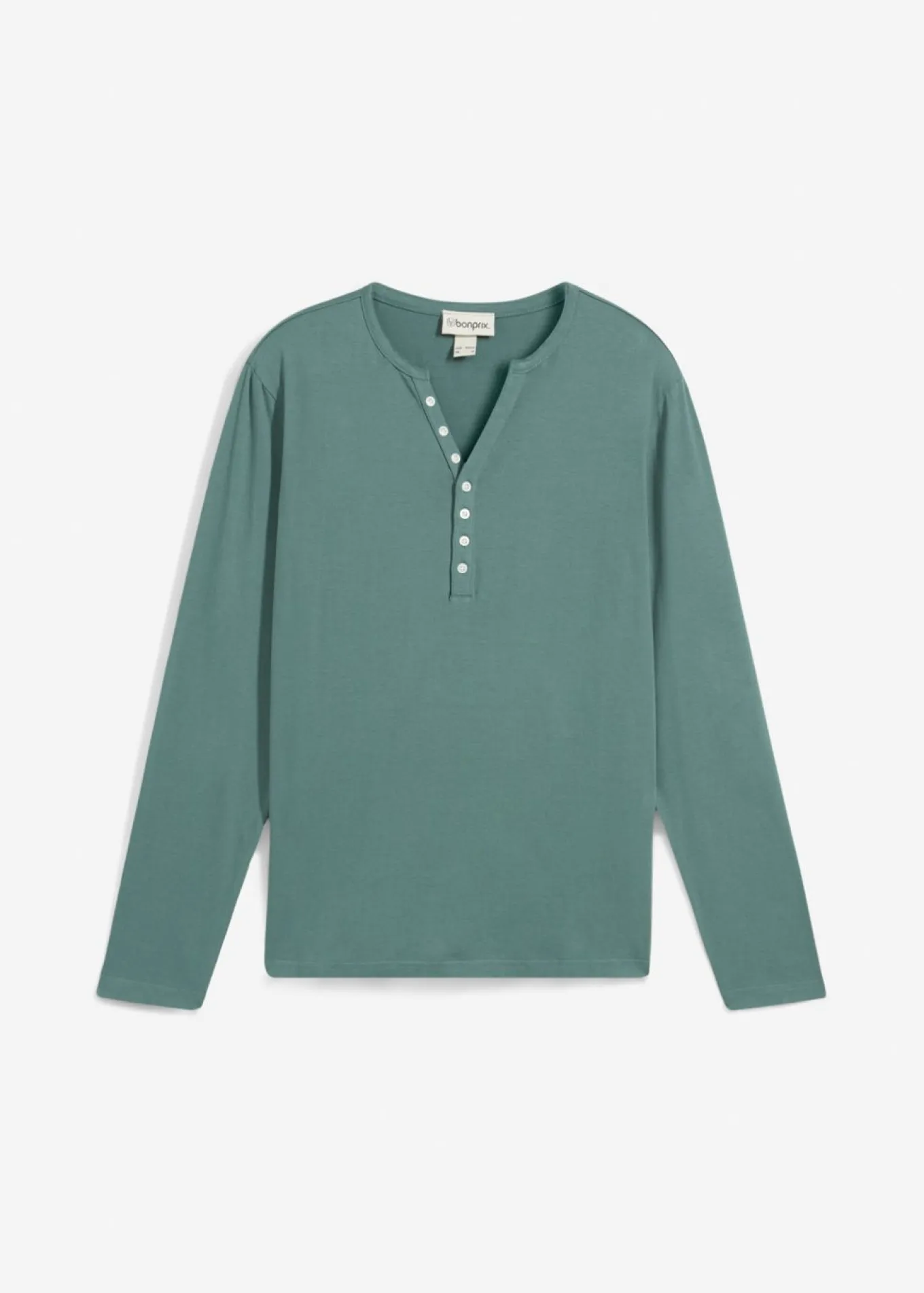 Camiseta de algodón orgánico puro con cuello henley, manga larga y corte entallado