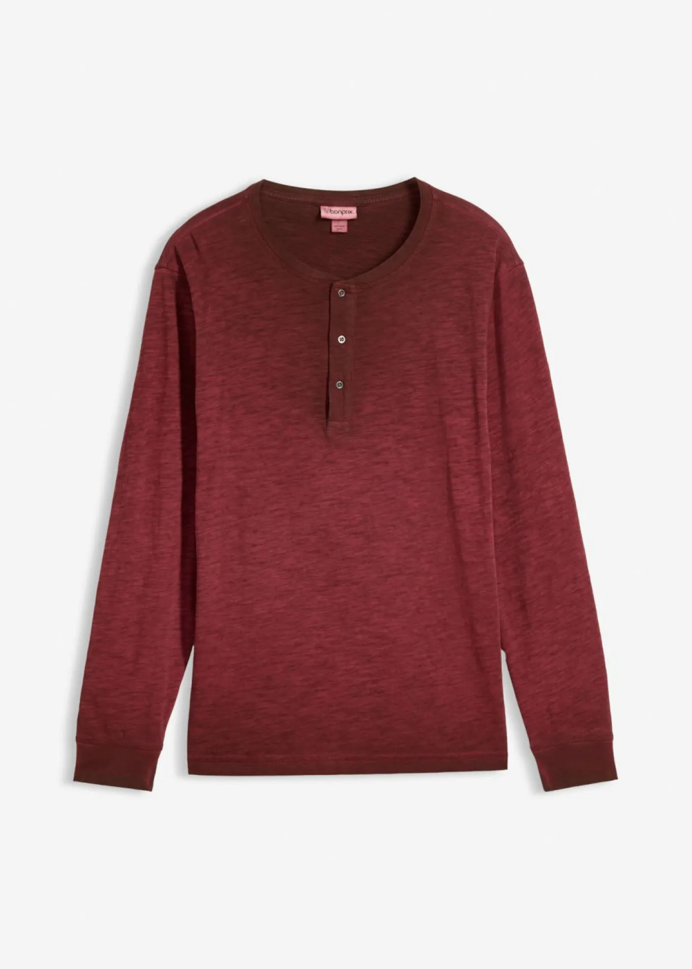 Camiseta de algodón orgánico con manga larga, cuello henley y aspecto desgastado