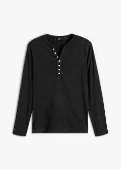 Camiseta de algodón orgánico puro con cuello henley, manga larga y corte entallado