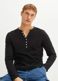 Camiseta de algodón orgánico puro con cuello henley, manga larga y corte entallado