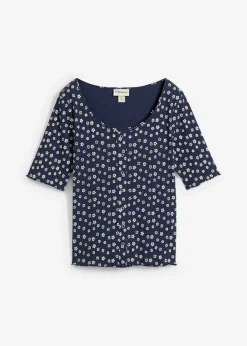 Camiseta de canalé con estampado de flores y manga corta