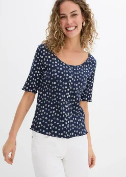 Camiseta de canalé con estampado de flores y manga corta