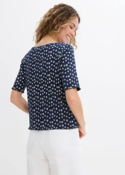 Camiseta de canalé con estampado de flores y manga corta
