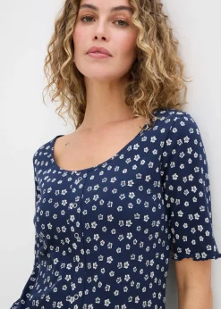 Camiseta de canalé con estampado de flores y manga corta