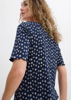 Camiseta de canalé con estampado de flores y manga corta