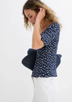 Camiseta de canalé con estampado de flores y manga corta